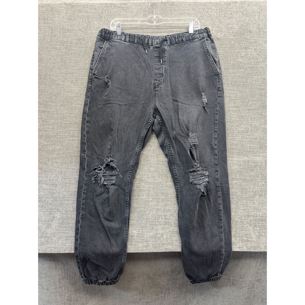 Pull&bear Ripped Jeans Womens XL Black Denim Distressed High Rise Drawstring